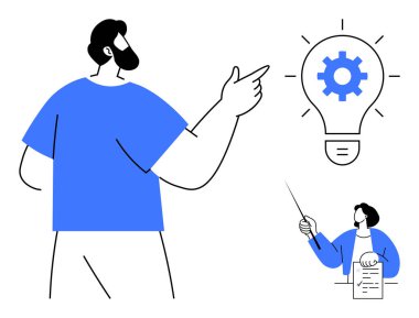 Üzerinde dişli sembolü olan bir ampulle fikir alışverişinde bulunan iki kişi. Beyin fırtınası, takım çalışması, yenilik, yaratıcılık, strateji, üretkenlik ve çözümler için idealdir. Basit düz metafor