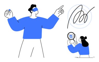 Sanal gerçeklik, dijital etkileşim için VR kullanan biri tarafından resmedilmiştir. Teknoloji, yaratıcılık, eğitim ve belge güvenliğiyle vurgulanan sanal gerçeklik. Teknoloji, eğitim ve tasarım için mükemmel