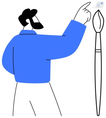 Yaratıcılık, görsel sanatlar, tasarım, iletişim, ilham, araçlar. Elinde fırçayla tuvali gösteren mavili bir adam. Yaratıcılık ve görsel sanatlar kavramları