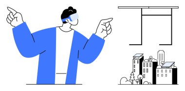 Gelişmiş gerçeklik, sürdürülebilirlik, kentsel teknoloji, çevre dostu yaşam, akıllı şehirler, gelecekteki yenilikler. AR gözlüğü takan kişi kentsel unsurları işaret ediyor. Artırılmış gerçeklik ve sürdürülebilirlik