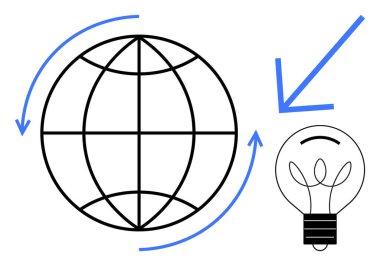 Küresel yenilik, sürdürülebilir ilerleme, yaratıcılık, dünya çapında fikirler, teknoloji, eğitim. Küre etrafında dairesel bir ok ve bir ampul ikonu. Küresel yenilik ve sürdürülebilir ilerleme