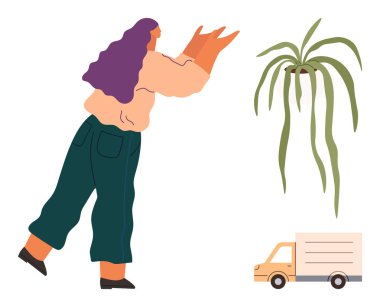 Uzun saçlı bir kadın sallanan bir bitkiye uzanıyor. Bakımı ve bağlantıyı sembolize ediyor. Yakınlarda küçük bir teslimat kamyonu. Yetiştirme, taşınma, büyüme, ulaşım, sürdürülebilirlik için ideal