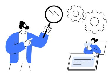 Veri analiz konsepti. Veri analizi, büyüteç, vites, dijital cihazlar kullanarak işlemleri inceliyor. Veri analizi verimliliği ve karar verme mekanizmasını arttırıyor. İş için, teknoloji.