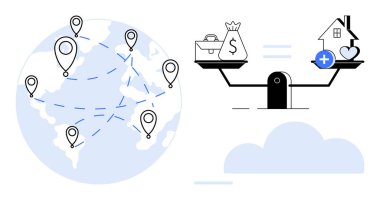 Birbirine bağlı konum işaretleri ile küresel ağ oluşturma. Mali denge, para ve ev sağlığı tartması ile vurgulandı. Küresel ekonomi, finans, karar verme, uzaktan çalışma için mükemmel