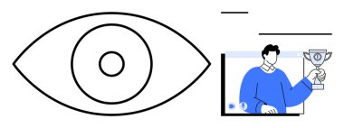 Göz grafiği, dijital bir arayüz içinde kupa tutan bir erkek figürü ile yan yana. Konseptler için ideal görme, başarı, çevrimiçi tanıma, hedefler, motivasyon, dijital varlık, ödül sistemleri