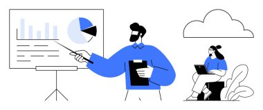 İş veri araştırması. Bir diğeri bulut teknolojisi üzerinde çalışırken, profesyonel bir analizci grafikleri ve grafikleri sunar. İş işbirliği, veri analizi, bulut hesaplama, takım çalışması