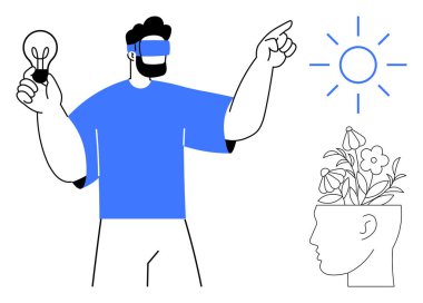 Sanal gerçeklik kulaklığı takan biri ampulü dışa doğru tutar, çiçek açan bir kafa, büyüyen bir fikir, gelişen bir zihin. Yaratıcılık, yenilik, VR, kişisel gelişim için ideal