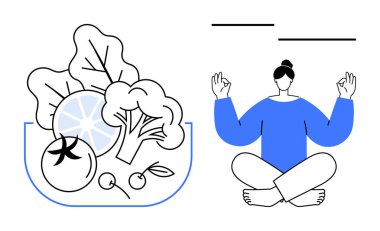 Sağlık ve sağlık, farkındalık, dengeli yaşam tarzı, beslenme, kişisel bakım, meditasyon. Bir kase sebze ve meditasyon pozu veren bir insan. Sağlık ve farkındalık.