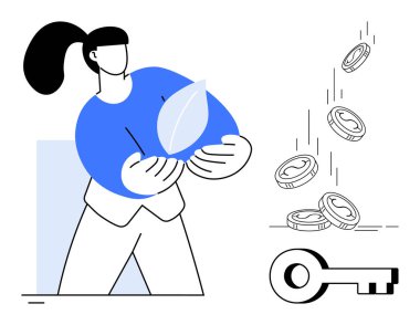 Sürdürülebilirlik, zenginlik yaratma, finansal planlama, çevre dostu kavramlar, ekonomik büyüme, güvenlik çözümleri. Elinde bozuk paralarla bir yaprak tutan bir kadın anahtarın yanına düşüyor. Sürdürülebilirlik ve zenginlik