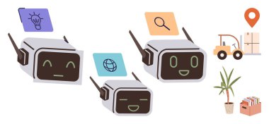 Robotlar fikir, dünya ve arama ikonları ile etkileşime girerek forklift, lokasyon iğnesi, bitki ve kitapların yanı sıra. Teknoloji, yapay zeka, lojistik araştırma otomasyon yeniliği ve eğitim temaları için ideal