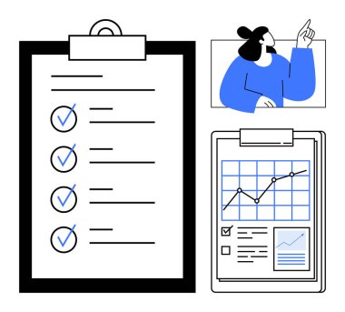 Görev planlaması, verimlilik araçları, takım yönetimi, performans değerlendirmesi, veri analizi, güvenilirlik. Kontrol listeleri, grafik grafikleri ve bir ekip üyesinin işaret ettiği bir pano. Görev planlaması