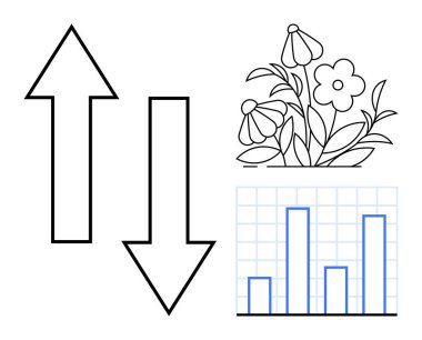 Veri analizi, karar verme, çevresel sürdürülebilirlik, borsa eğilimleri, büyüme potansiyeli, iş stratejileri. Yukarı aşağı oklar, çiçek çizelgesi. Büyüme potansiyeli ve veri analizi