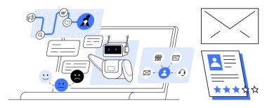 Yapay zeka robotu laptop ekranında mesajlar, simgeler, duygular ve başvuru verileriyle etkileşime geçiyor. HR, askere alma, dijital destek, otomasyon, veri işleme iletişim geri besleme koleksiyonu için ideal