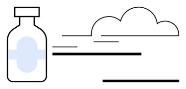 Bulutun yanında hareket gösteren çizgilerle işaretlenmiş ilaç şişesi. Sağlık, eczane, dağıtım, lojistik, verimlilik, yenilik ve modern tıbbi çözümler için idealdir. Basit düz