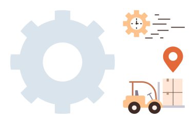 Vites biçimi, forklift taşıma paketleri, saat hızı ve konum işaretleyicisi lojistik, dağıtım, tedarik zinciri, verimlilik, üretkenlik, zaman yönetimi ve operasyonel iş akışını vurguluyor