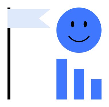 Başarı konsepti. Mutlu bir yüzün, bayrağın ve bar çizelgesinin olumlu yönlerinin, ilerlemenin ve başarının sembolleri. Hedeflerde, motivasyonda ve profesyonel başarıda başarı. İş eğitimi için