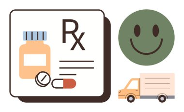 İlaç şişesi, haplar, RX işareti, teslimat kamyonu ve gülen surat. Eczane, sağlık hizmetleri, lojistik dağıtım ilaç hizmetleri hasta bakımı e-ticaret için idealdir. Temiz, düz metafor