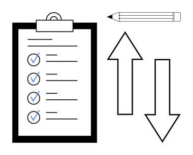 Görev yönetimi, organizasyon, iş akışı, verimlilik, planlama, karar verme. Mavi işaretli bir kontrol listesi, bir kalem, bir yukarı bir aşağı ok. Görev yönetimi ve organizasyon kavramı