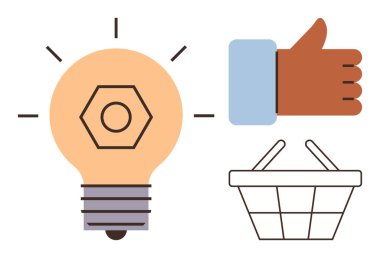 Yenilik için ampul, onay için el işareti ve boş alışveriş sepeti. İş, pazarlama, e-ticaret, yenilik, yaratıcılık, tüketici davranışı ve ilham için idealdir. Basit.
