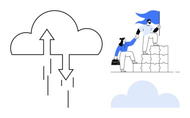 Bulut hesaplama, takım çalışması, veri transferi, liderlik, yenilik, başarı. Okları olan bir bulut veri akışı, bulmaca çözen iki kişi ekip çalışmasını ve liderliği engelliyor. Bulut hesaplama ve takım çalışması kavramı