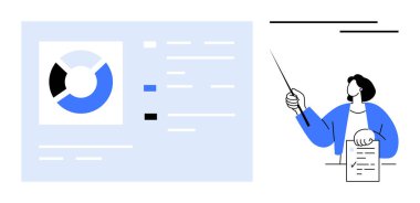 Pasta grafiğini gösteren işaretçiyle hesapla ve rapor ver. Veri analizi, iş stratejisi, sunum, eğitim, eğitim, takım çalışması, raporlama kavramları için ideal. Basit düz metafor