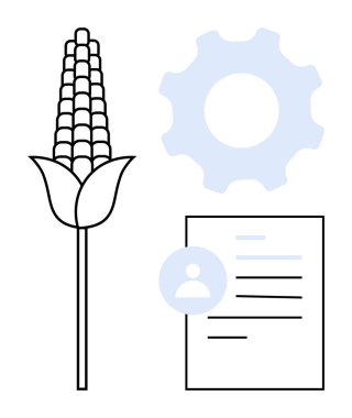 Tarım, teknoloji, belge işleme, tarım girişimleri, mahsul yönetimi, üretim planlaması. Bir dişlinin yanında mısır bitkisi ve belge ikonu. Tarım ve teknoloji bütünleşme fikri