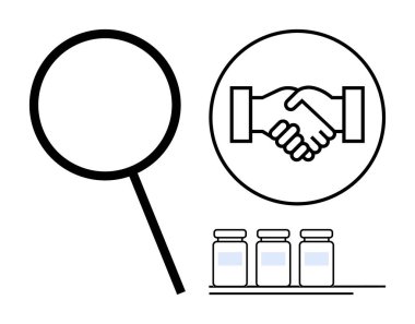 Kalite teftiş konsepti. Kalite kontrolü büyüteçle, ortaklık için tokalaşma ve araştırma için kavanozlarla keşfedildi. Tıp, bilim, ortaklık, iş ve sağlık hizmetlerine uygundur.