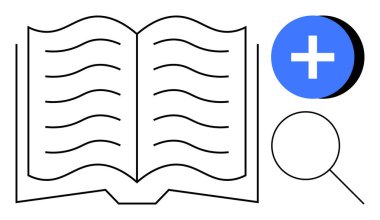 Bilgi kavramı. Büyüteç, artı sembol, öğrenme, araştırma ve bilgi keşfi içeren açık bir kitap. Eğitim, araştırma araçları, içerik oluşturma, yayınlama hakkında bilgi