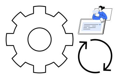 Çalışma akışı konsepti. Viteste çalışma, dönme sembolü ve ekran etkileşimi. Çalışma süreci verimliliği, sistemleri ve dijital verimliliği. Otomasyon için, sistem süreci gelişimi