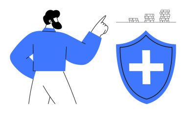 Mali güvenlik, sağlık sigortası, tasarruf, para yönetimi, koruma, sağlık desteği. Madeni paraları ve çapraz sembollü bir kalkanı gösteren bir adam. Mali güvenlik ve sağlık sigortası