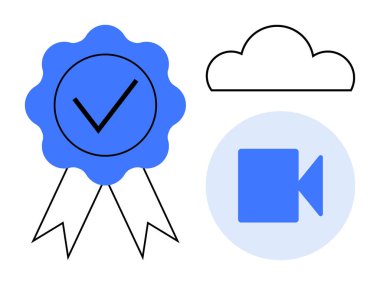 Sertifika, bulut teknolojisi, video akışı, dijital depolama, çevrimiçi hizmetler, kalite güvencesi. Mavi sertifika rozeti, bulut ana hatlı video kamera ikonu. Sertifika ve bulut teknolojisi