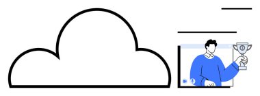 Bulut ana hatları sanal platformda ödül sergileyen kişinin yanında çevrimiçi depolamayı temsil ediyor. Dijital başarı, çevrimiçi öğrenme, takım çalışması, başarı, bulut hizmetleri, teknoloji için ideal