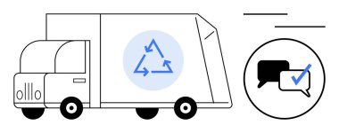 Mavi dairesel ok simgesiyle geri dönüşüm kamyonu ve sürdürülebilirliği vurgulayan kontrol işaretli konuşma balonu. Çevre bakımı, geri dönüşüm, atık yönetimi, çevre dostu politikalar için ideal