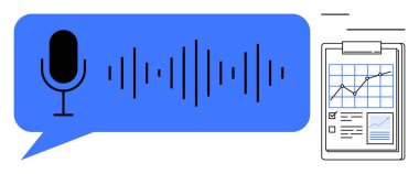 Ses tanıma, veri analizi, iletişim, teknoloji, iş sezgileri, verimlilik. Grafikli panonun yanında bir mikrofon ve ses dalgaları var. Ses tanıma ve veri