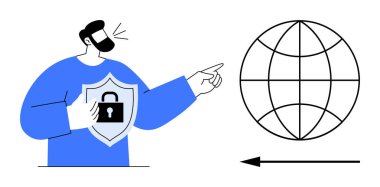 Siber güvenlik kavramı. Siber güvenlik elinde kalkan ve kilit tutan bir adamla küresel iletişimi güvence altına aldı. Çevrimiçi veri ve mahremiyeti koruyan siber güvenlik. Teknoloji, bilişim, çevrimiçi güvenlik, iletişim için