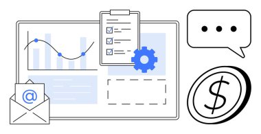 İş stratejisi, veri analizi, iletişim, proje yönetimi, takım çalışması, finans. Grafik, kontrol listesi, e-posta dolar sembolü. İş stratejisi ve veri analizleri
