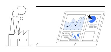 Veri analizi, iş stratejisi, üretim yeniliği, ekonomik büyüme, endüstriyel otomasyon, dijital dönüşüm. Analitik çizelgeleri gösteren fabrika binası ve dizüstü bilgisayar. Veri analizi