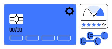 Kredi kartı konsepti. Kredi kartı, performans göstergesi ve dambıllarla mali kondisyonla eşleştirildi. Kredi kartı kullanımı, harcama gücü, fintech ve tüketici finansmanı. Çok uygun.