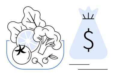 Taze sebzeler, domates, brokoli ve para birikimlerini sembolize eden para çantasının yanında yapraklı yeşillikler. Bütçe, sürdürülebilirlik, sağlık, finans, beslenme, ekonomi temaları için ideal