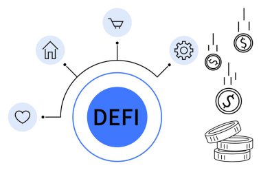 Finansal teknoloji, kripto para birimi trendleri, engelleme zinciri çözümleri, dijital ekonomi araçları, merkezi olmayan yenilik, modern finans. Simgeli ve düşen bozuk paralarla dairesel diyagram. Kripto para birimi
