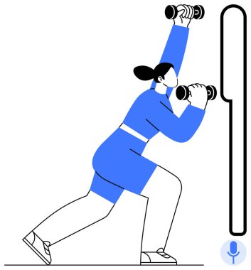 Fitness, egzersiz rutinleri, sağlık, spor aktiviteleri, dayanıklılık eğitimi, minimalist sanat. Dambılları kaldıran bir kadın. Spor ve egzersiz rutinleri kavramı