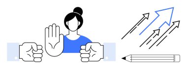 Çatışma yönetimi, işyeri iletişimi, iş başarısı, yaratıcılık, liderlik gelişimi, takım çalışması. Elinde dur işareti, yukarı doğru ok ve kalem olan bir kadın tasviri. Çakışma