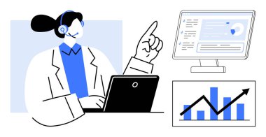 Müşteri hizmetleri, iş analizleri, uzaktan destek, veri analizi, teknoloji, satış büyümesi. Kulaklık takan bir kişi ekrandaki çizelgelere doğru hareket eder. Müşteri hizmetleri ve iş