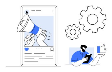 Çevrimiçi reklamcılık, iş stratejisi, seyirci ilgisi, marka iletişimi, sosyal medya yönetimi, kullanıcı etkileşimi. Megafonlu akıllı telefon, vites simgeleri, tablet üzerinde çalışan profesyonel...