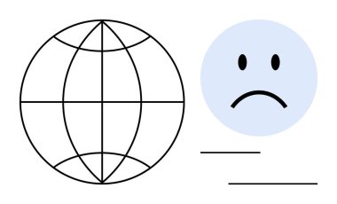 Küresel bağlantı. Küresel bağlantıların görsel tasviri bir dünya ızgarası ve hüzünlü yüz ikonu tarafından karşılanıyor. Küresel bağlantı iletişimi, duyguları ve teknolojiyi etkiler. Kullanışlı