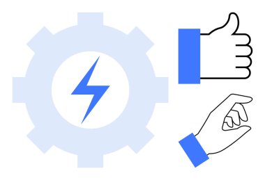 Enerji verimliliği kavramı. Semboller arasında yıldırımlı bir teçhizat, baş parmaklar ve el hareketi verimliliği ve onaylama yer alıyor. Teknoloji, hizmet ve takım çalışması için enerji optimizasyonu. Uygun.