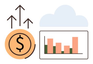 Dolar işareti yukarı doğru yükselen oklarla baraj çizelgesi ve bulutun yanında, finansal büyüme ve teknolojik analizi sembolize ediyor. Finans, başarı, teknoloji, yenilik, yatırım, iş için ideal