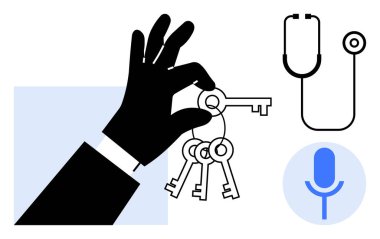 Güvenlik, sağlık, erişim kontrolü, iletişim, veri gizliliği, teknoloji. El ele tutuşan anahtarlar, steteskop ve mikrofon sembolü. Güvenlik ve sağlık konsepti