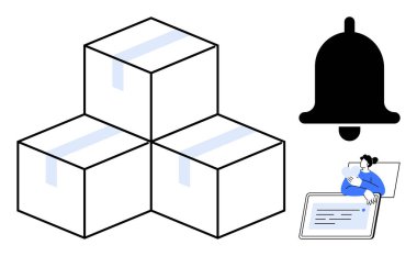E-ticaret konsepti. E-ticaret paketleri istiflenmiş, bir uyarı zili ve online siparişi kontrol eden biri. E-ticaret lojistiği, tebligatlar ve online alışveriş araçları. Teknoloji için ideal
