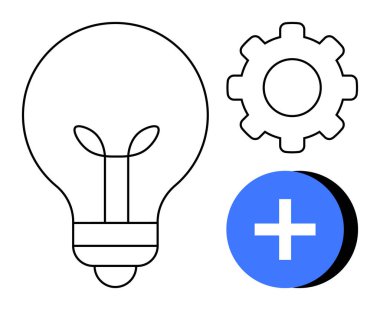 Yenilik kavramı. Ampul aracılığıyla yenilik, dişli ile gelişim süreci ve artı işareti ile değer ekleme. Yenilik, teknik ilerleme, iş büyüme araçları, problem çözme
